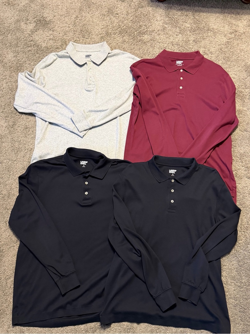 Lands' End Men’s Long-Sleeve Polos Gray, Maroon, Black School Uniform Lot of 4